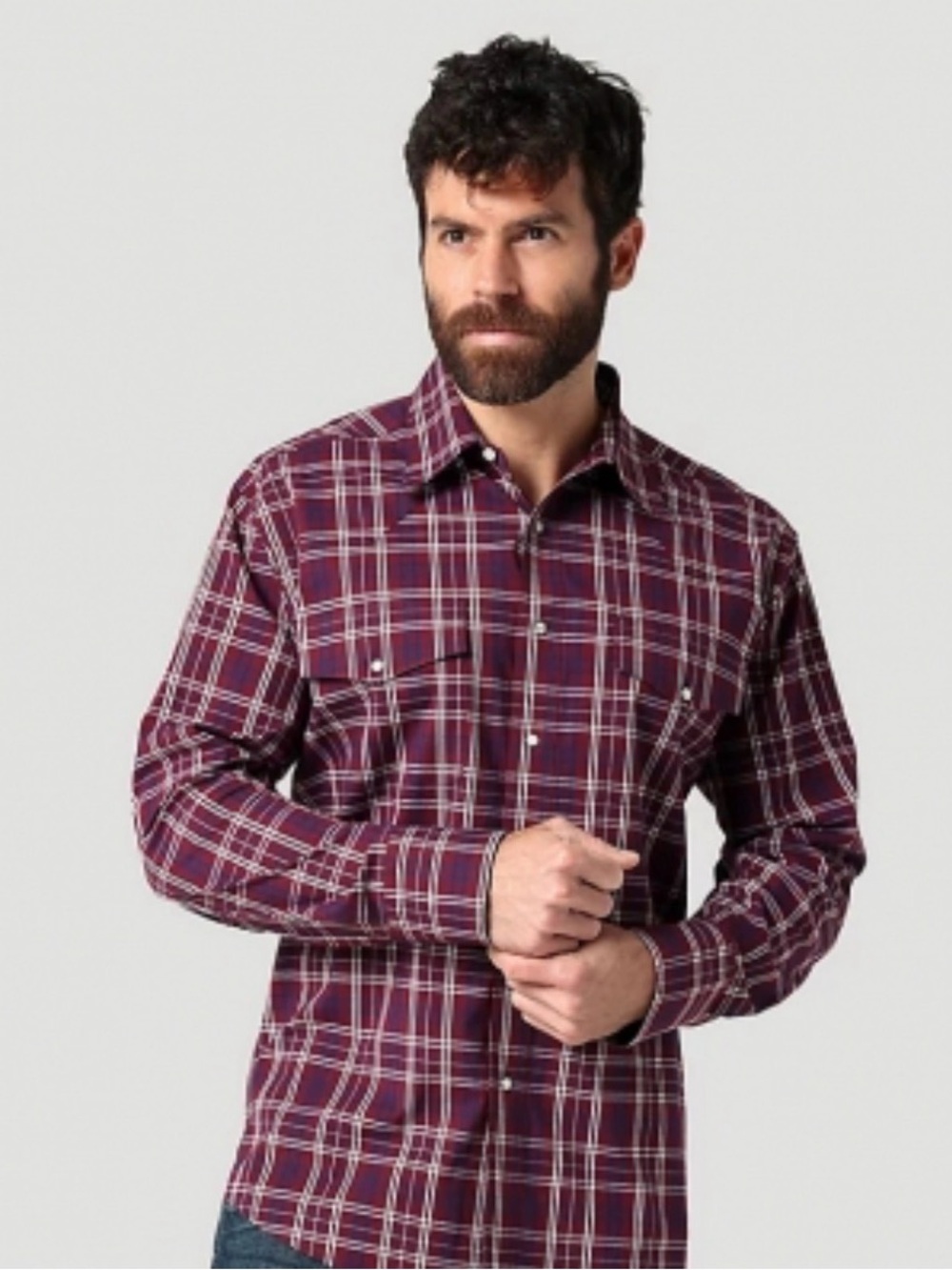 Wrangler Men's Wrinkle Resistant Burgundy Blue White Plaid Pearl Snap Shirt Sz L